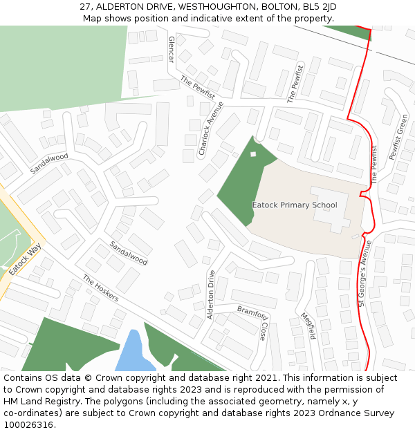 27, ALDERTON DRIVE, WESTHOUGHTON, BOLTON, BL5 2JD: Location map and indicative extent of plot