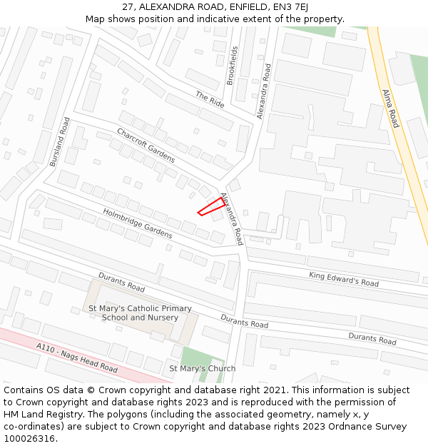 27, ALEXANDRA ROAD, ENFIELD, EN3 7EJ: Location map and indicative extent of plot