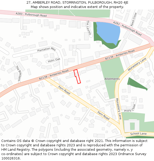 27, AMBERLEY ROAD, STORRINGTON, PULBOROUGH, RH20 4JE: Location map and indicative extent of plot