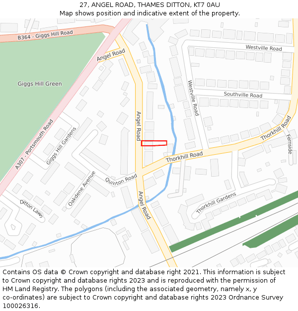 27, ANGEL ROAD, THAMES DITTON, KT7 0AU: Location map and indicative extent of plot