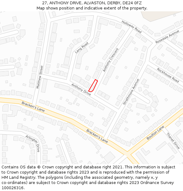 27, ANTHONY DRIVE, ALVASTON, DERBY, DE24 0FZ: Location map and indicative extent of plot
