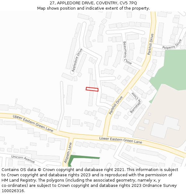 27, APPLEDORE DRIVE, COVENTRY, CV5 7PQ: Location map and indicative extent of plot