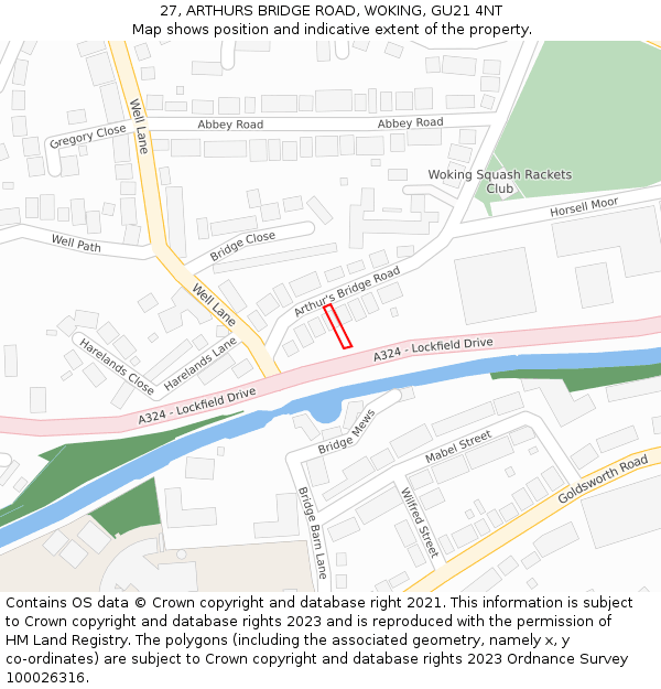 27, ARTHURS BRIDGE ROAD, WOKING, GU21 4NT: Location map and indicative extent of plot