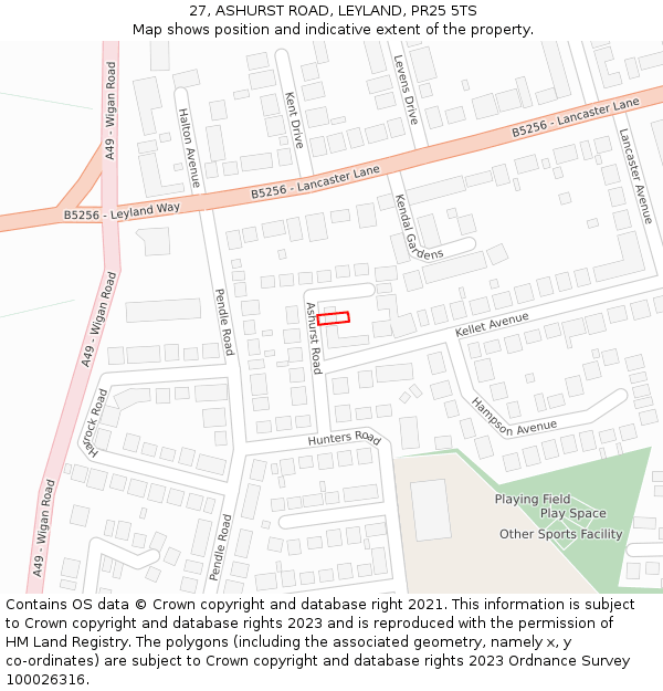 27, ASHURST ROAD, LEYLAND, PR25 5TS: Location map and indicative extent of plot
