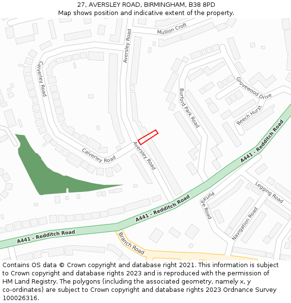 27, AVERSLEY ROAD, BIRMINGHAM, B38 8PD: Location map and indicative extent of plot