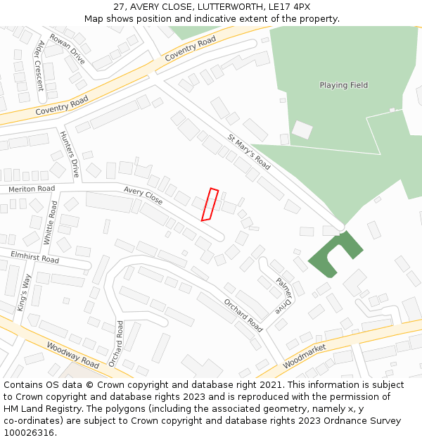 27, AVERY CLOSE, LUTTERWORTH, LE17 4PX: Location map and indicative extent of plot