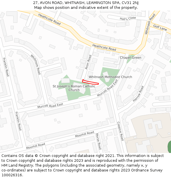 27, AVON ROAD, WHITNASH, LEAMINGTON SPA, CV31 2NJ: Location map and indicative extent of plot