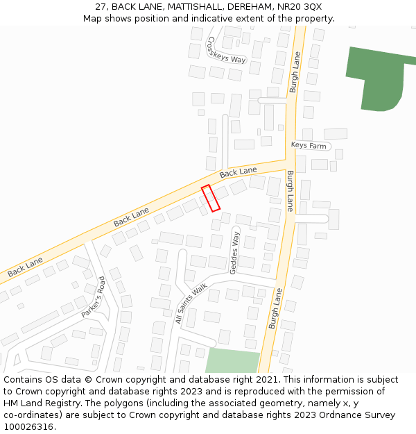 27, BACK LANE, MATTISHALL, DEREHAM, NR20 3QX: Location map and indicative extent of plot