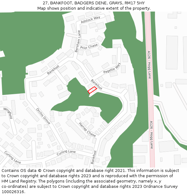 27, BANKFOOT, BADGERS DENE, GRAYS, RM17 5HY: Location map and indicative extent of plot