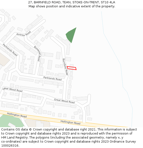 27, BARNFIELD ROAD, TEAN, STOKE-ON-TRENT, ST10 4LA: Location map and indicative extent of plot