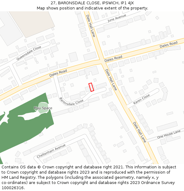 27, BARONSDALE CLOSE, IPSWICH, IP1 4JX: Location map and indicative extent of plot
