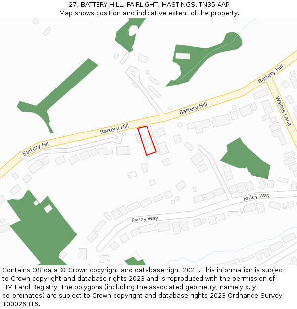27, BATTERY HILL, FAIRLIGHT, HASTINGS, TN35 4AP: Location map and indicative extent of plot