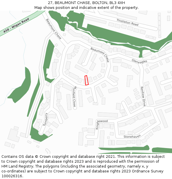 27, BEAUMONT CHASE, BOLTON, BL3 4XH: Location map and indicative extent of plot
