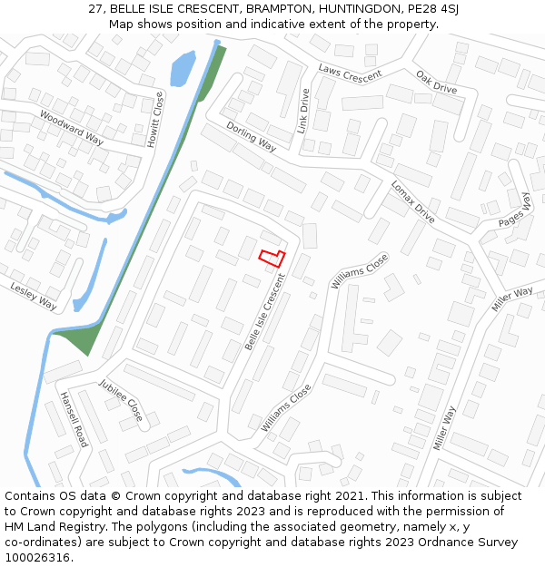 27, BELLE ISLE CRESCENT, BRAMPTON, HUNTINGDON, PE28 4SJ: Location map and indicative extent of plot