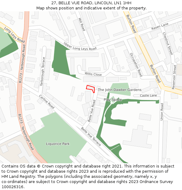 27, BELLE VUE ROAD, LINCOLN, LN1 1HH: Location map and indicative extent of plot