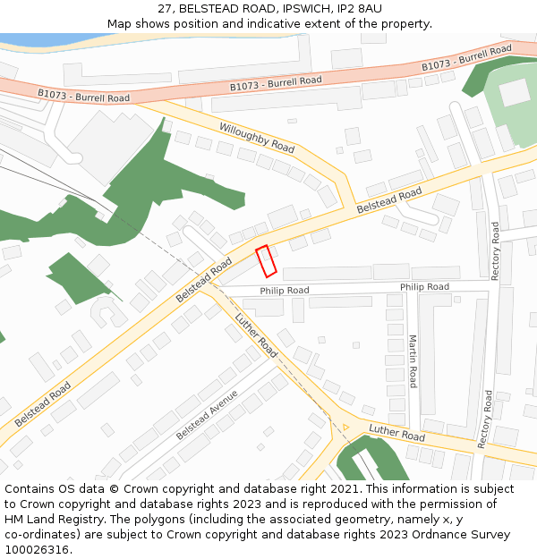 27, BELSTEAD ROAD, IPSWICH, IP2 8AU: Location map and indicative extent of plot
