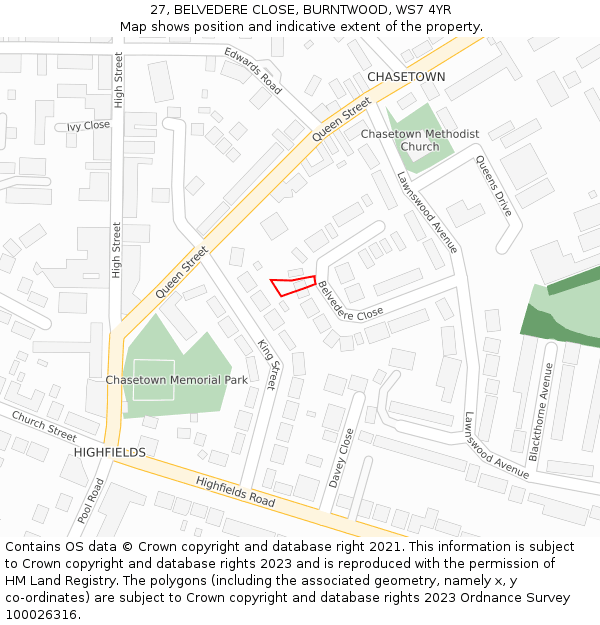 27, BELVEDERE CLOSE, BURNTWOOD, WS7 4YR: Location map and indicative extent of plot