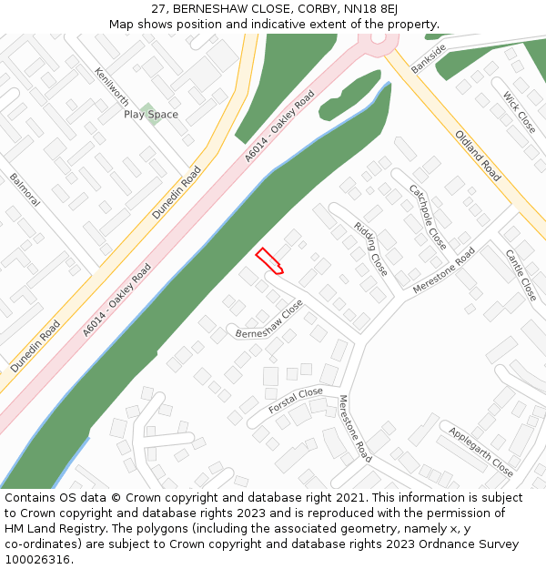 27, BERNESHAW CLOSE, CORBY, NN18 8EJ: Location map and indicative extent of plot