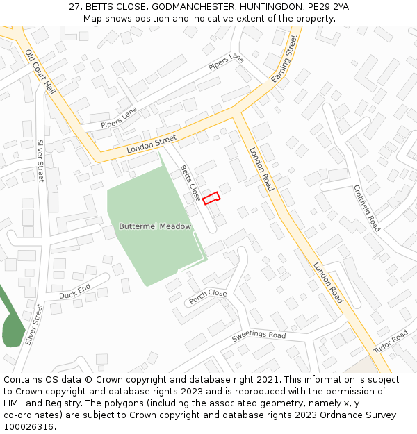 27, BETTS CLOSE, GODMANCHESTER, HUNTINGDON, PE29 2YA: Location map and indicative extent of plot