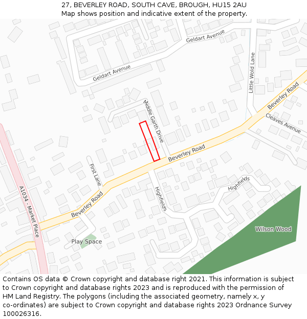 27, BEVERLEY ROAD, SOUTH CAVE, BROUGH, HU15 2AU: Location map and indicative extent of plot