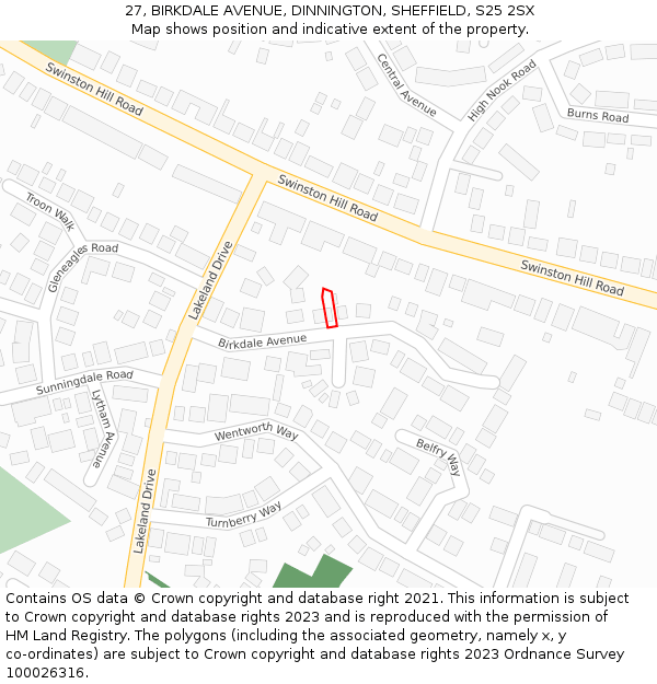 27, BIRKDALE AVENUE, DINNINGTON, SHEFFIELD, S25 2SX: Location map and indicative extent of plot