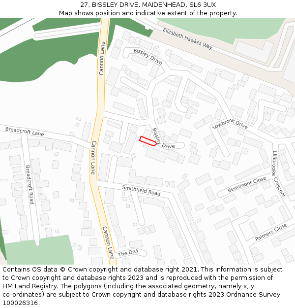 27, BISSLEY DRIVE, MAIDENHEAD, SL6 3UX: Location map and indicative extent of plot