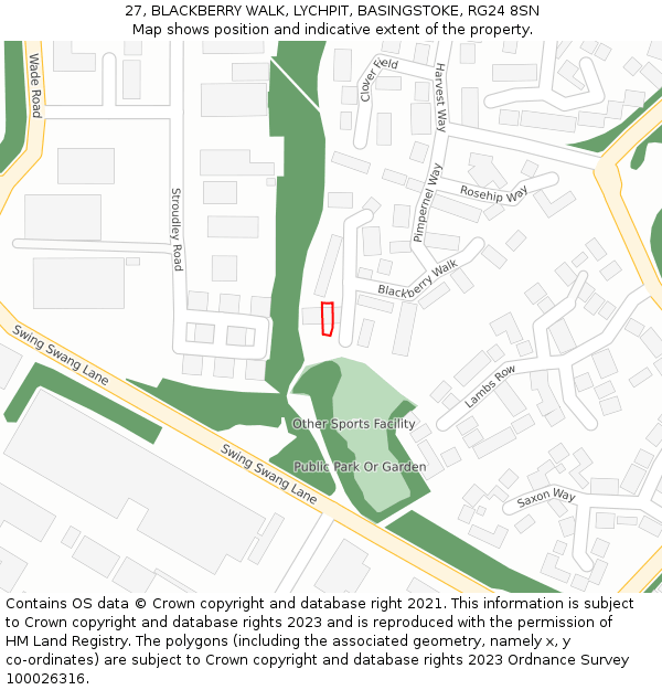 27, BLACKBERRY WALK, LYCHPIT, BASINGSTOKE, RG24 8SN: Location map and indicative extent of plot