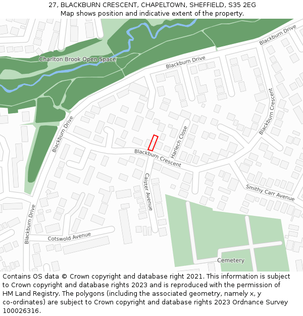 27, BLACKBURN CRESCENT, CHAPELTOWN, SHEFFIELD, S35 2EG: Location map and indicative extent of plot
