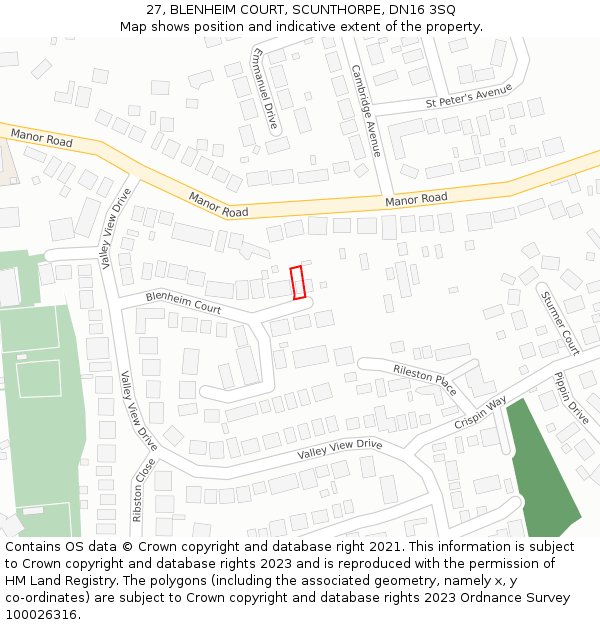 27, BLENHEIM COURT, SCUNTHORPE, DN16 3SQ: Location map and indicative extent of plot