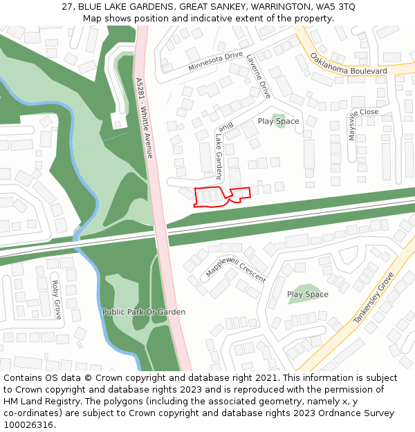 27, BLUE LAKE GARDENS, GREAT SANKEY, WARRINGTON, WA5 3TQ: Location map and indicative extent of plot