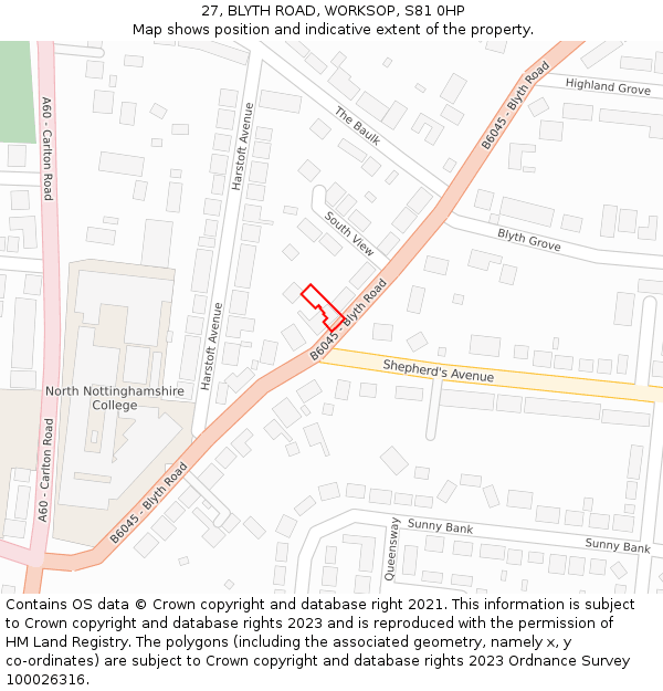 27, BLYTH ROAD, WORKSOP, S81 0HP: Location map and indicative extent of plot