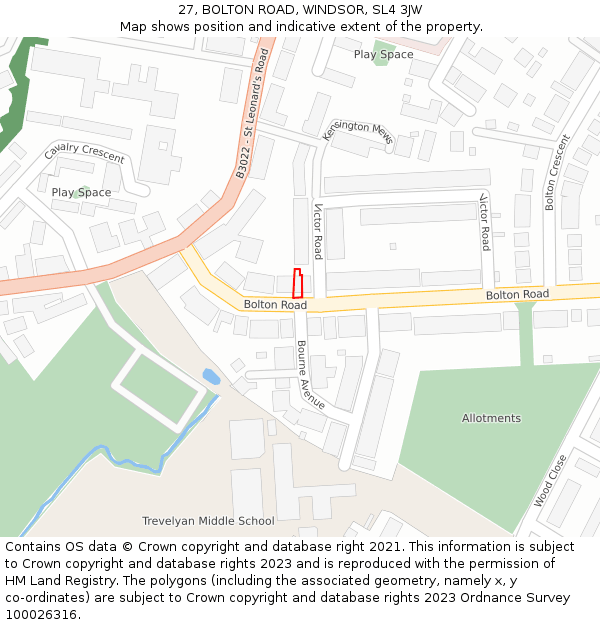 27, BOLTON ROAD, WINDSOR, SL4 3JW: Location map and indicative extent of plot