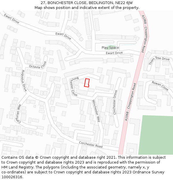 27, BONCHESTER CLOSE, BEDLINGTON, NE22 6JW: Location map and indicative extent of plot