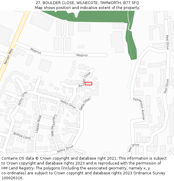 27, BOULDER CLOSE, WILNECOTE, TAMWORTH, B77 5FQ: Location map and indicative extent of plot