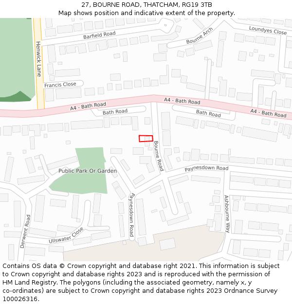 27, BOURNE ROAD, THATCHAM, RG19 3TB: Location map and indicative extent of plot