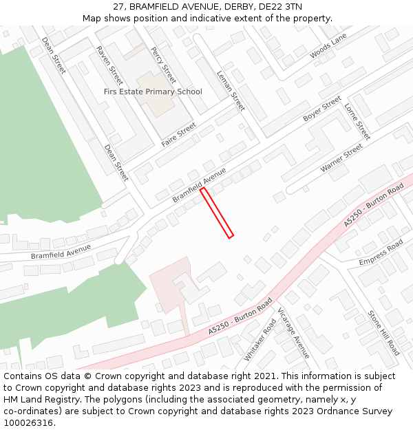 27, BRAMFIELD AVENUE, DERBY, DE22 3TN: Location map and indicative extent of plot