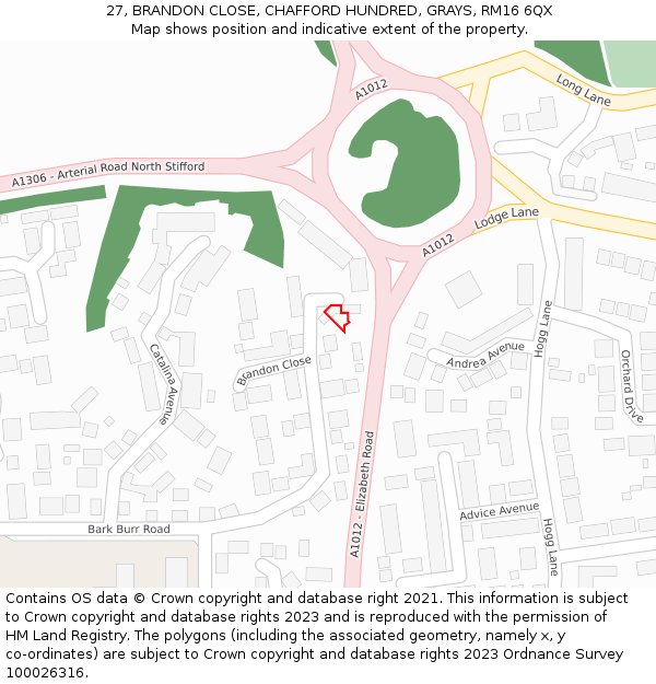 27, BRANDON CLOSE, CHAFFORD HUNDRED, GRAYS, RM16 6QX: Location map and indicative extent of plot