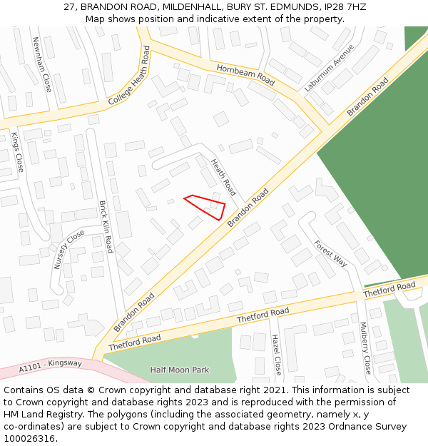 27, BRANDON ROAD, MILDENHALL, BURY ST. EDMUNDS, IP28 7HZ: Location map and indicative extent of plot