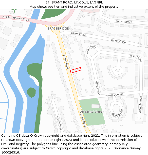 27, BRANT ROAD, LINCOLN, LN5 8RL: Location map and indicative extent of plot