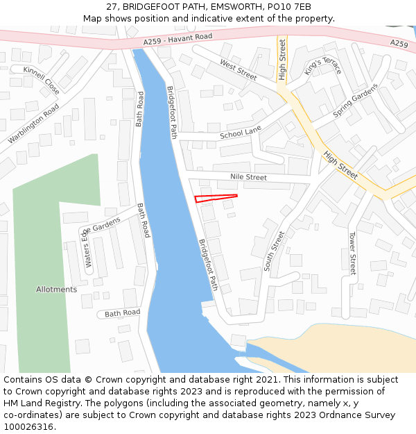 27, BRIDGEFOOT PATH, EMSWORTH, PO10 7EB: Location map and indicative extent of plot
