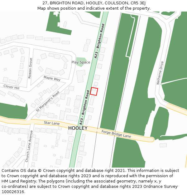 27, BRIGHTON ROAD, HOOLEY, COULSDON, CR5 3EJ: Location map and indicative extent of plot