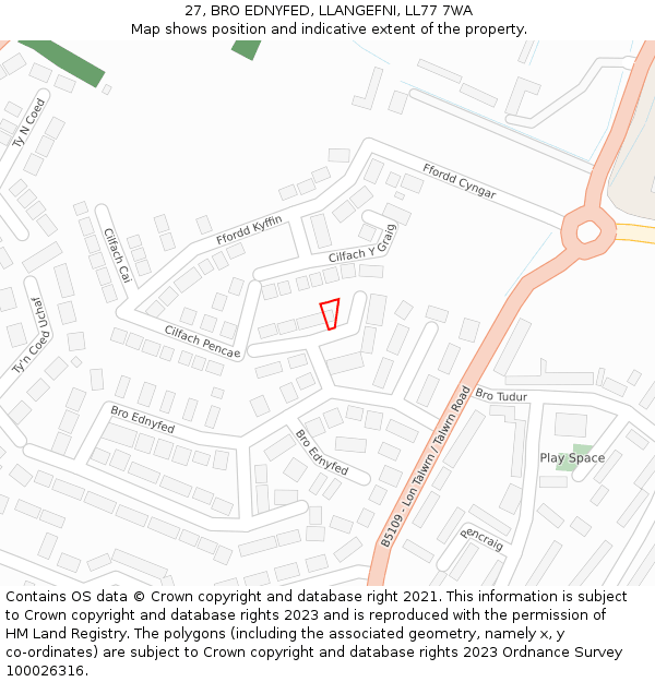 27, BRO EDNYFED, LLANGEFNI, LL77 7WA: Location map and indicative extent of plot
