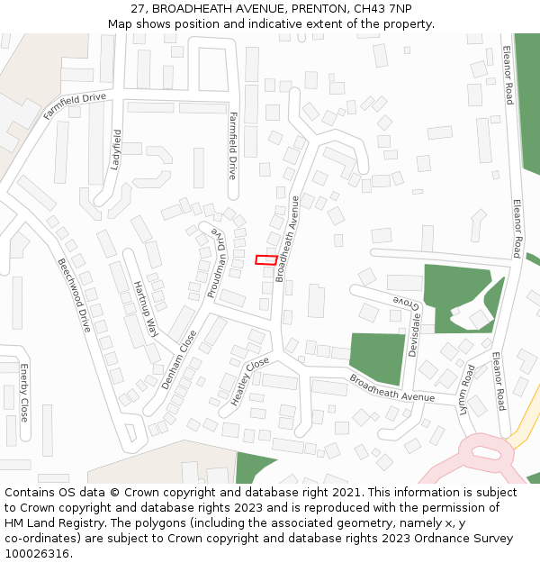 27, BROADHEATH AVENUE, PRENTON, CH43 7NP: Location map and indicative extent of plot