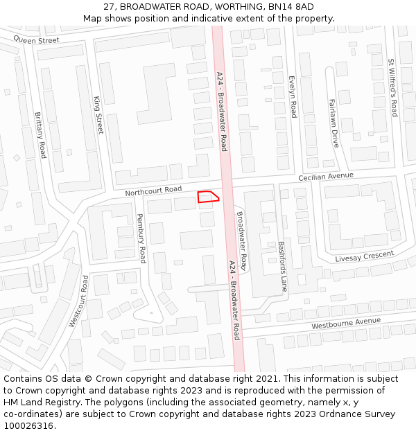 27, BROADWATER ROAD, WORTHING, BN14 8AD: Location map and indicative extent of plot