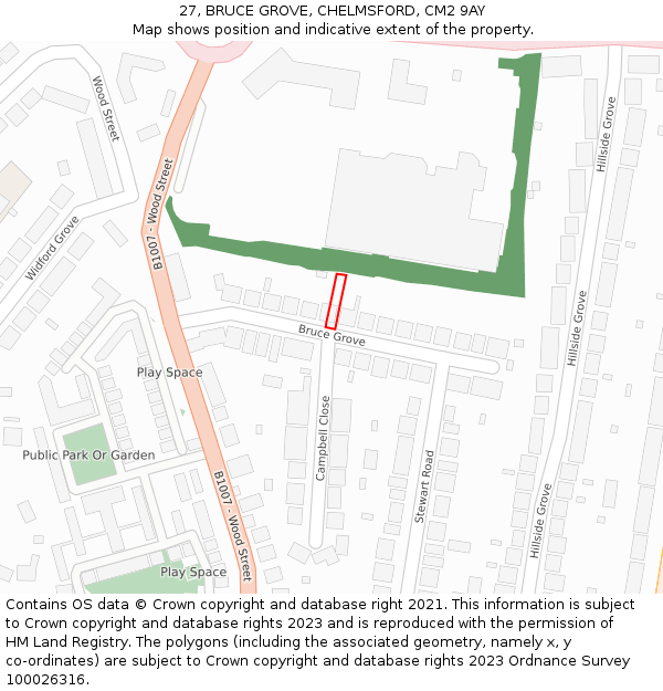 27, BRUCE GROVE, CHELMSFORD, CM2 9AY: Location map and indicative extent of plot