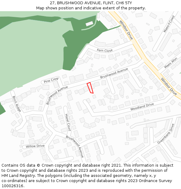 27, BRUSHWOOD AVENUE, FLINT, CH6 5TY: Location map and indicative extent of plot