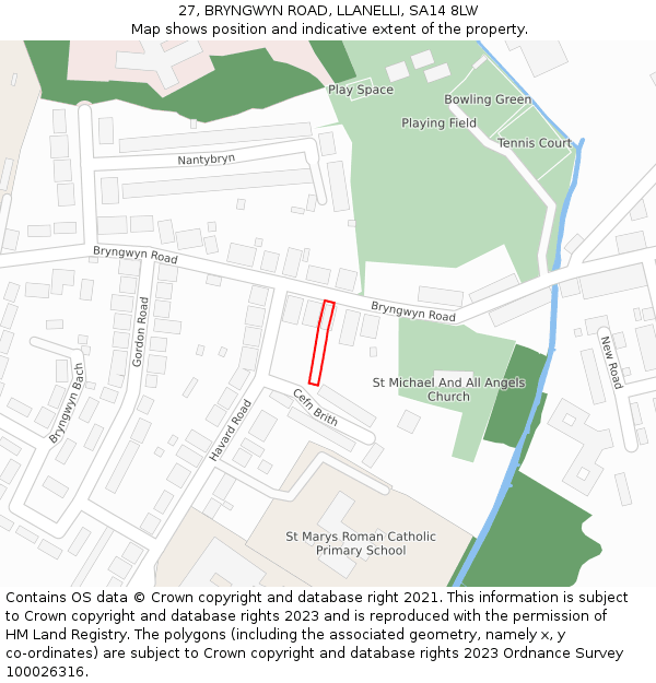 27, BRYNGWYN ROAD, LLANELLI, SA14 8LW: Location map and indicative extent of plot