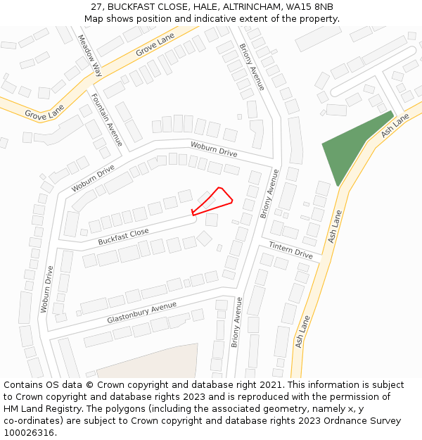27, BUCKFAST CLOSE, HALE, ALTRINCHAM, WA15 8NB: Location map and indicative extent of plot