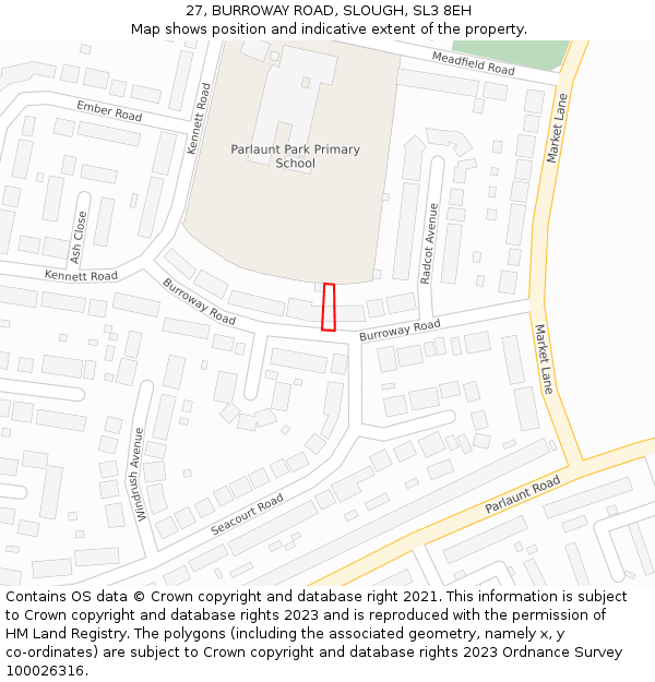 27, BURROWAY ROAD, SLOUGH, SL3 8EH: Location map and indicative extent of plot