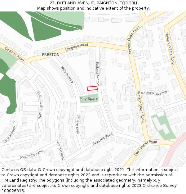 27, BUTLAND AVENUE, PAIGNTON, TQ3 2RH: Location map and indicative extent of plot